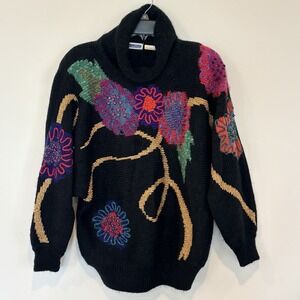 VTG 90s Mariea Kim Floral Sweater Black Beaded Metallic Cowl Neck Womens M